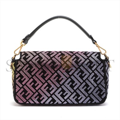 FENDI X VERSACE MAMMA BUCKET LEATHER X RHINESTONE SHOULDER BAG BLACK  (27*15*6cm)